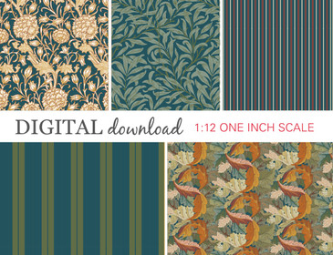 Preview image of 1:12 scale printable dollhouse wallpaper in gray and dark blue and gold, designed for miniatures and shown as digital sheets ready for instant download and printing.